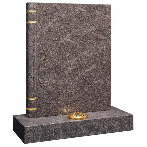 Book shaped memorial with sawn page recess and gilded bindings on the spine of the book with a rectangular base.