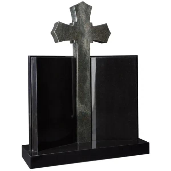 Double book shaped memorial with a cross to the centre sitting on a rectangular base.