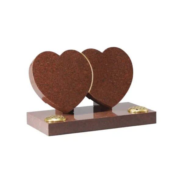 Entwined double heart memorial with gilded pin line to centre sitting on a rectangular base with two flower holes.