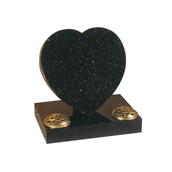 Heart shaped memorial tablet with a rest on a rectangular base with two flower holes.