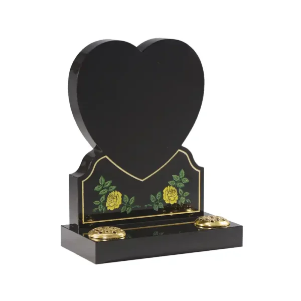 Heart shaped memorial with yellow roses design and a rectangular base with two flower holes.