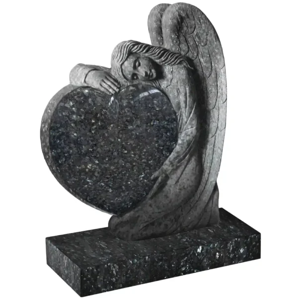 Heart shaped memorial with a hand carved angel embracing the side of the heart with a rectangular base.