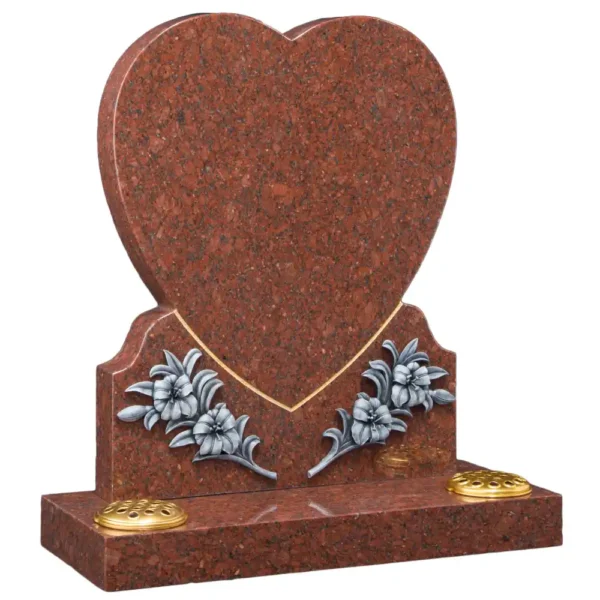 Heart shaped lawn memorial with a gilded pin line and two resin flower designs on a rectagular base with two flower holes.