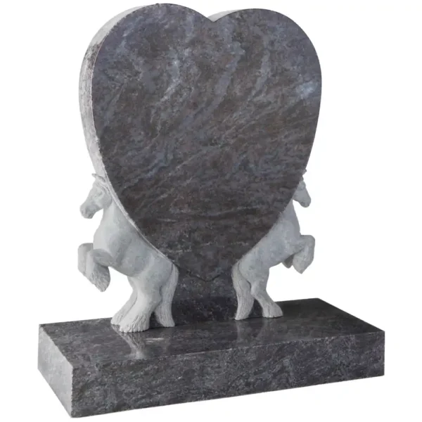 Heart shaped memorial with carved horses to each side of the memorial with a rectangular base.