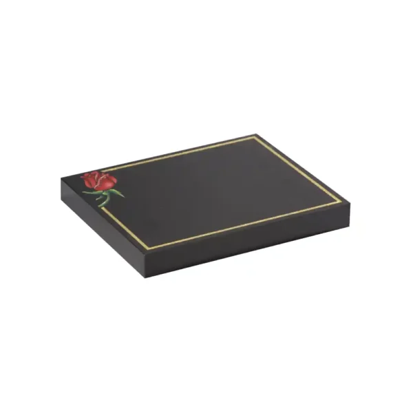 Flat rectangular tablet with a gilded pinline and rose design.