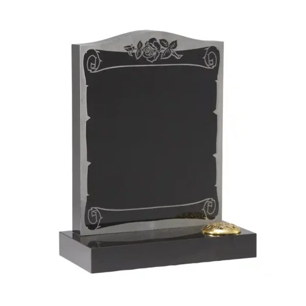 Ogee Shaped Top Memorial with a sandblasted scroll and rose design and a rectangular base