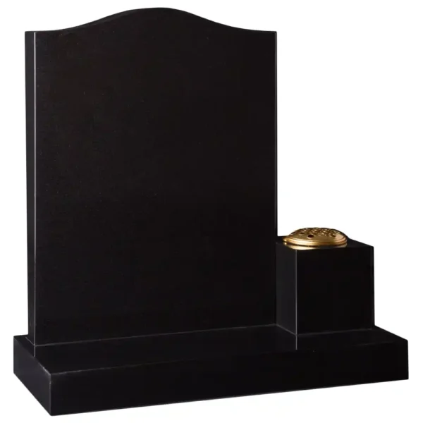 Ogee Shaped Top Memorial set to the left of a rectangular base with a cubed vase sitting to the right of the base.